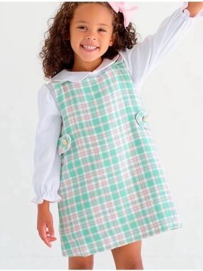 TBBC Janie Jumper Girls Mint & Pink Plaid Pinafore Dress - Size 12
